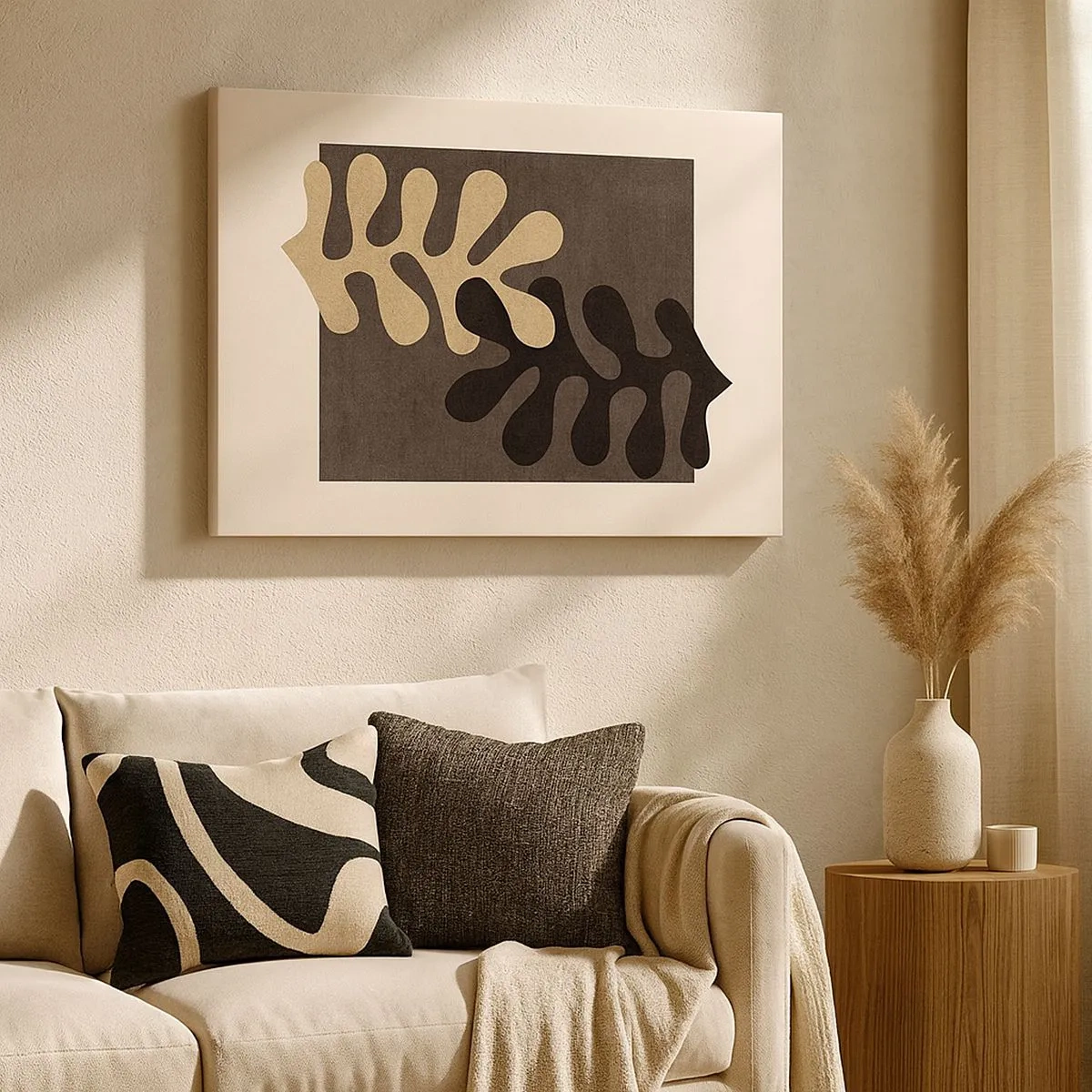 Bild auf Leinwand - Leinwandbild - Abstrakte Blätter in Schwarz und Beige auf rechteckigem Hintergrund - 70x50cm - Abwesenheit und Ergänzung - Moderne Wanddekoration für Wohnzimmer und Schlafzimmer ARTTOR