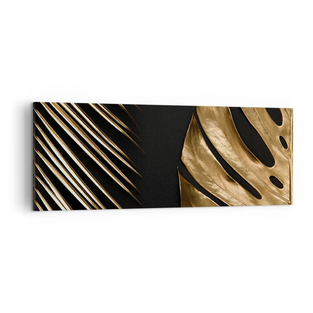 Bild auf Leinwand - Leinwandbild - Goldene Blätter auf schwarzem Hintergrund - 140x50cm - Anders und genauso teuer - Moderne Wanddekoration für Wohnzimmer und Schlafzimmer ARTTOR
