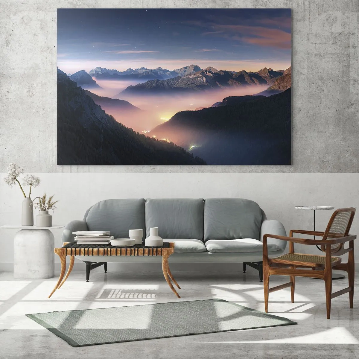 Glasbild - Bild auf glas - Berglandschaft bei Sonnenuntergang mit Nebel im Tal - 70x50cm - Licht in den Tälern - Moderne Wanddekoration für Wohnzimmer und Schlafzimmer ARTTOR