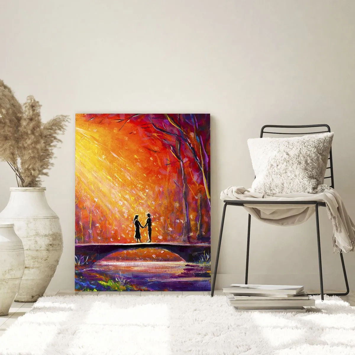 Glasbild - Bild auf glas - Romantisches Paar auf einer Brücke im herbstlichen Wald - 70x100cm - Der Himmel liebt sie auch - Moderne Wanddekoration für Wohnzimmer und Schlafzimmer ARTTOR