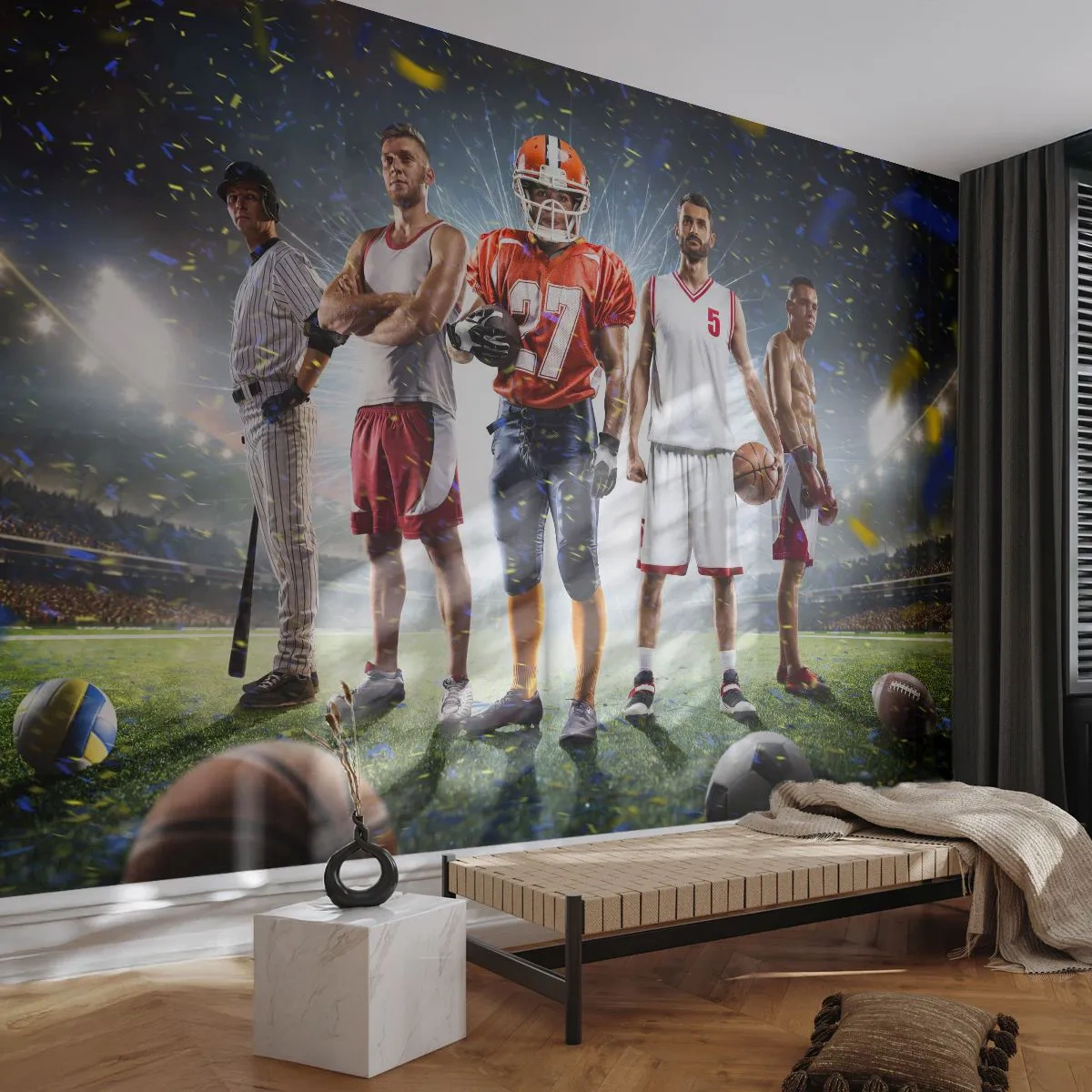 Fototapete Premium Sand - Athleten verschiedener Disziplinen im Stadion im Rampenlicht - 100x70cm - Feldgladiatoren - Moderne Wanddekoration für Wohnzimmer und Schlafzimmer ARTTOR