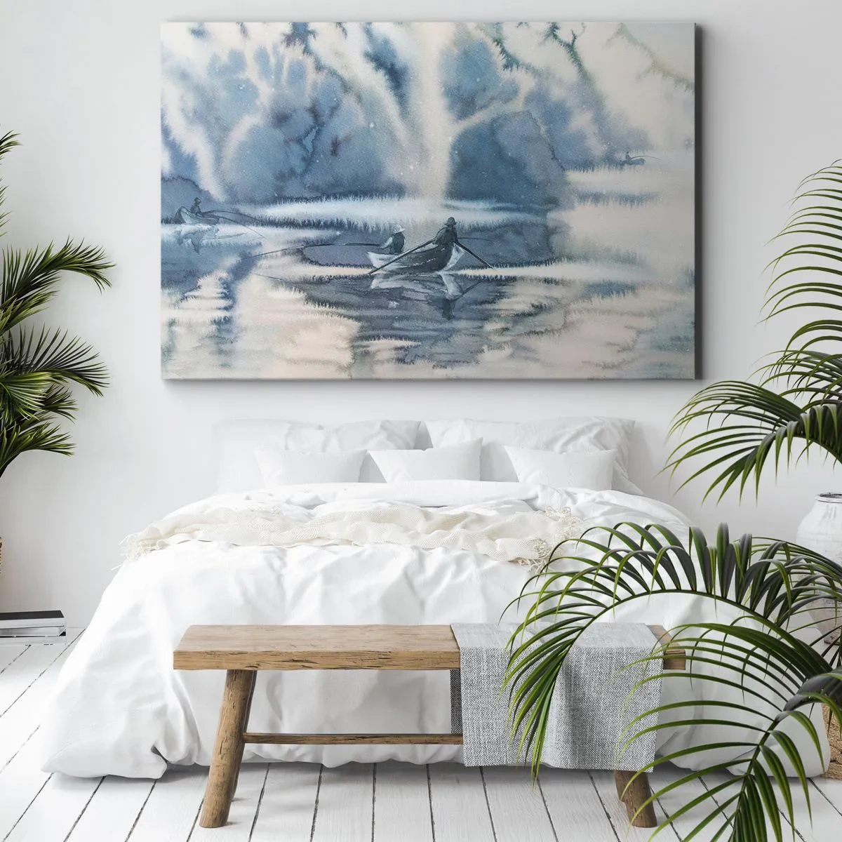Bild auf Leinwand - Leinwandbild - Aquarelllandschaft mit Booten auf einem See, umgeben von einem nebligen Wald - 120x80cm - Angler in ihrem Paradies - Moderne Wanddekoration für Wohnzimmer und Schlafzimmer ARTTOR
