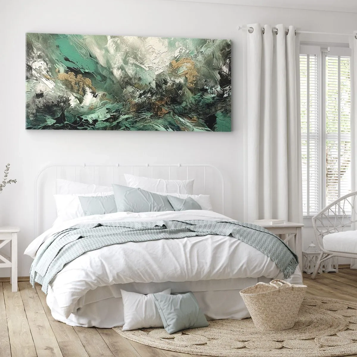 Bild auf Leinwand - Leinwandbild - Abstrakte Landschaft in Grün- und Goldtönen - 120x50cm - Smaragdgrüne und schwarze Brandung - Moderne Wanddekoration für Wohnzimmer und Schlafzimmer ARTTOR