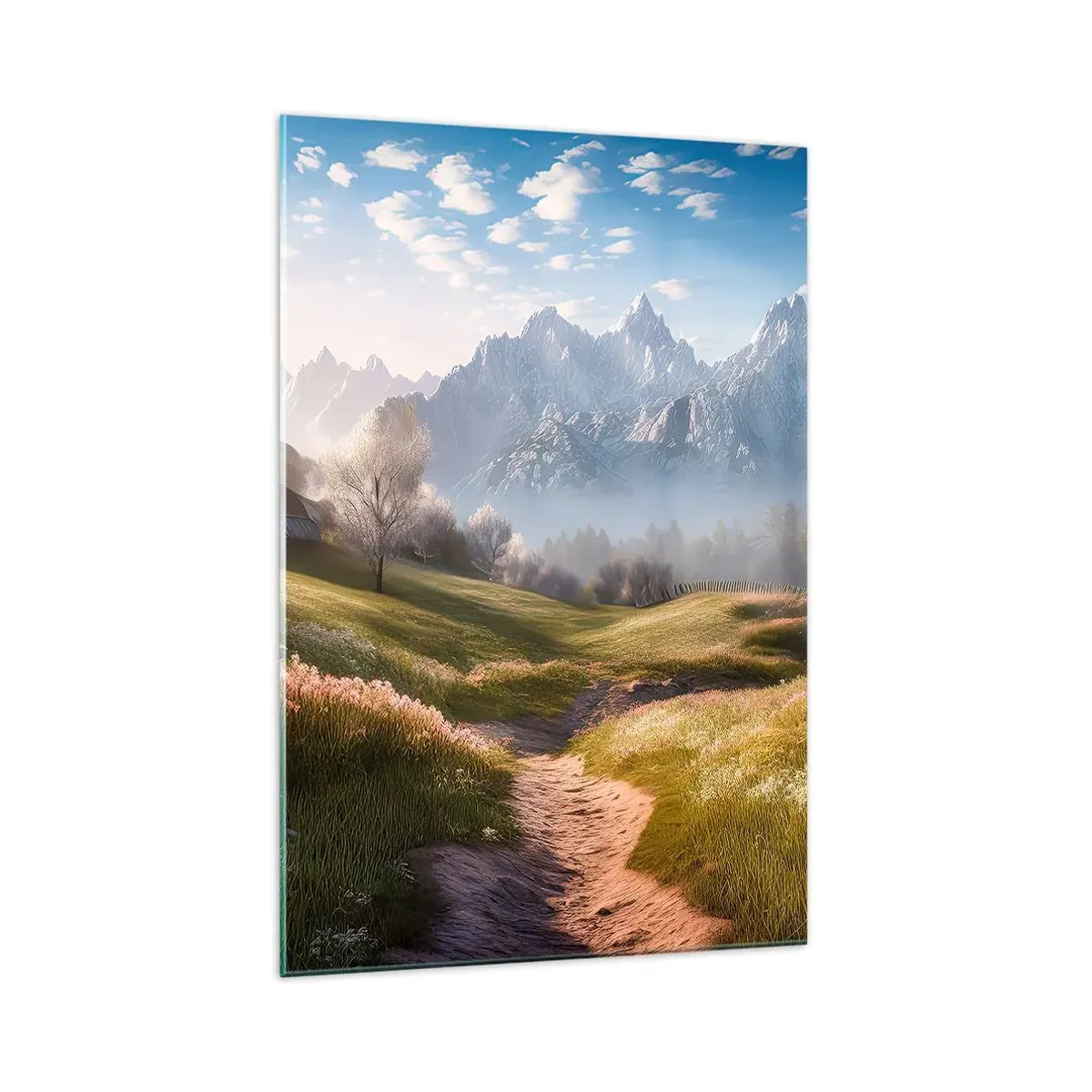 Glasbild - Bild auf glas - Ein Bergtal mit Wiesen, Hütten und Blick auf die Gipfel - 70x100cm - Idyllisches Tal - Moderne Wanddekoration für Wohnzimmer und Schlafzimmer ARTTOR