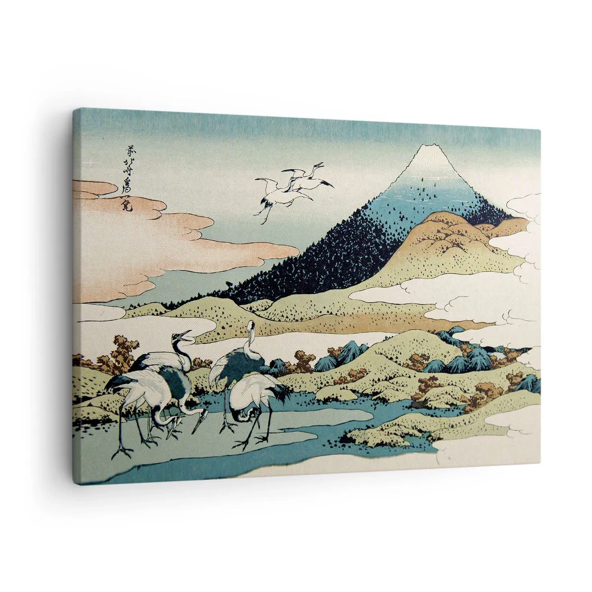 Bild auf Leinwand - Leinwandbild - Traditionelle japanische Grafik mit Bergen und Kranichen - 70x50cm - Im japanischen Geist - Moderne Wanddekoration für Wohnzimmer und Schlafzimmer ARTTOR