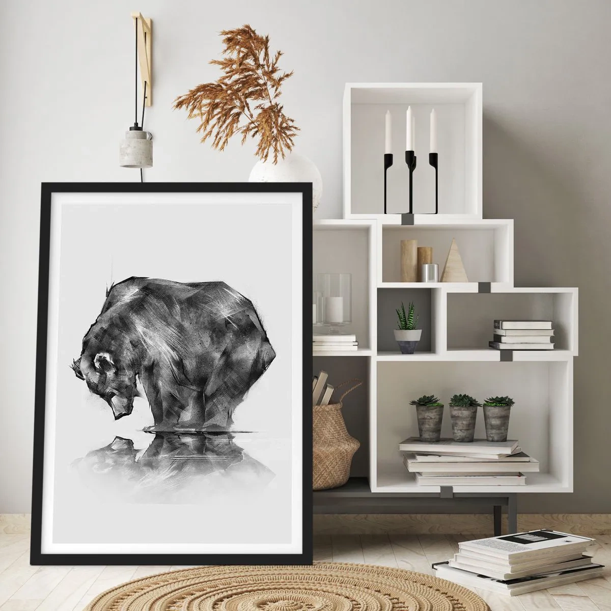 Poster in einem schwarzem Rahmen - Geometrisches Bild eines Bären am Wasser - 50x70cm - Schön, jemanden in der Nähe zu sehen - Moderne Wanddekoration für Wohnzimmer und Schlafzimmer ARTTOR