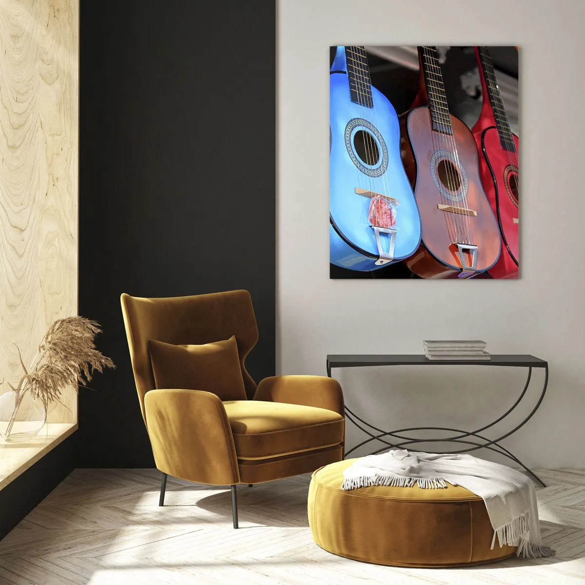 Glasbild - Bild auf glas - Bunte Gitarren hängen in einer Reihe auf dem Display - 50x70cm - Lateinische Atmosphäre - Moderne Wanddekoration für Wohnzimmer und Schlafzimmer ARTTOR