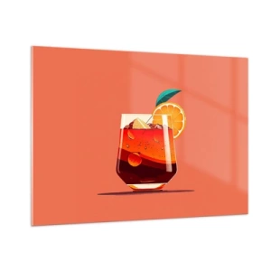 Glasbild - Bild auf glas - Ein farbenfrohes Getränk mit Orange auf einem warmen Pfirsichhintergrund - 100x70cm - Sommerliche Erfrischung - Moderne Wanddekoration für Wohnzimmer und Schlafzimmer ARTTOR