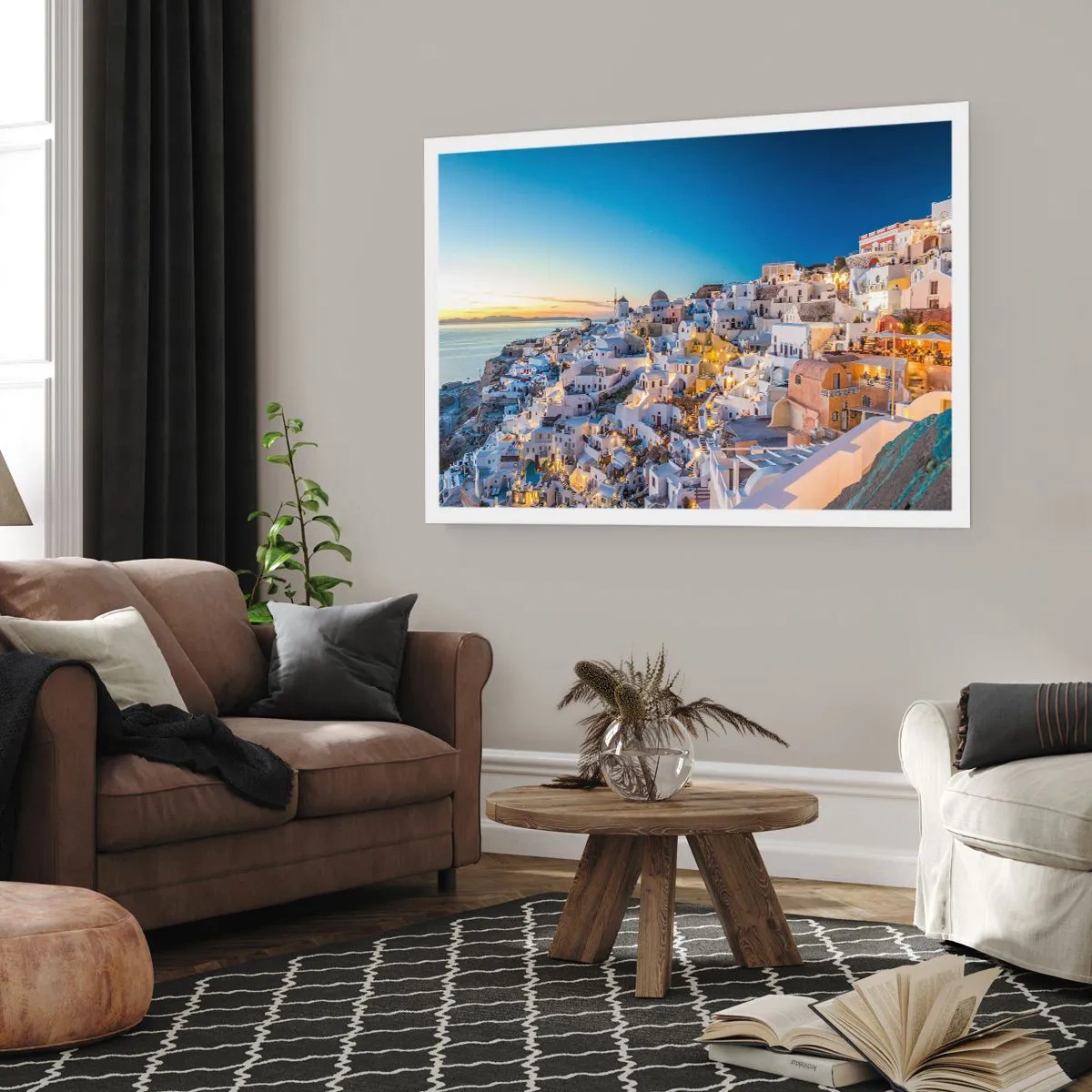 Poster - Blick auf eine griechische Stadt bei Sonnenuntergang - 100x70cm - Die Essenz des Griechischen - Moderne Wanddekoration für Wohnzimmer und Schlafzimmer ARTTOR