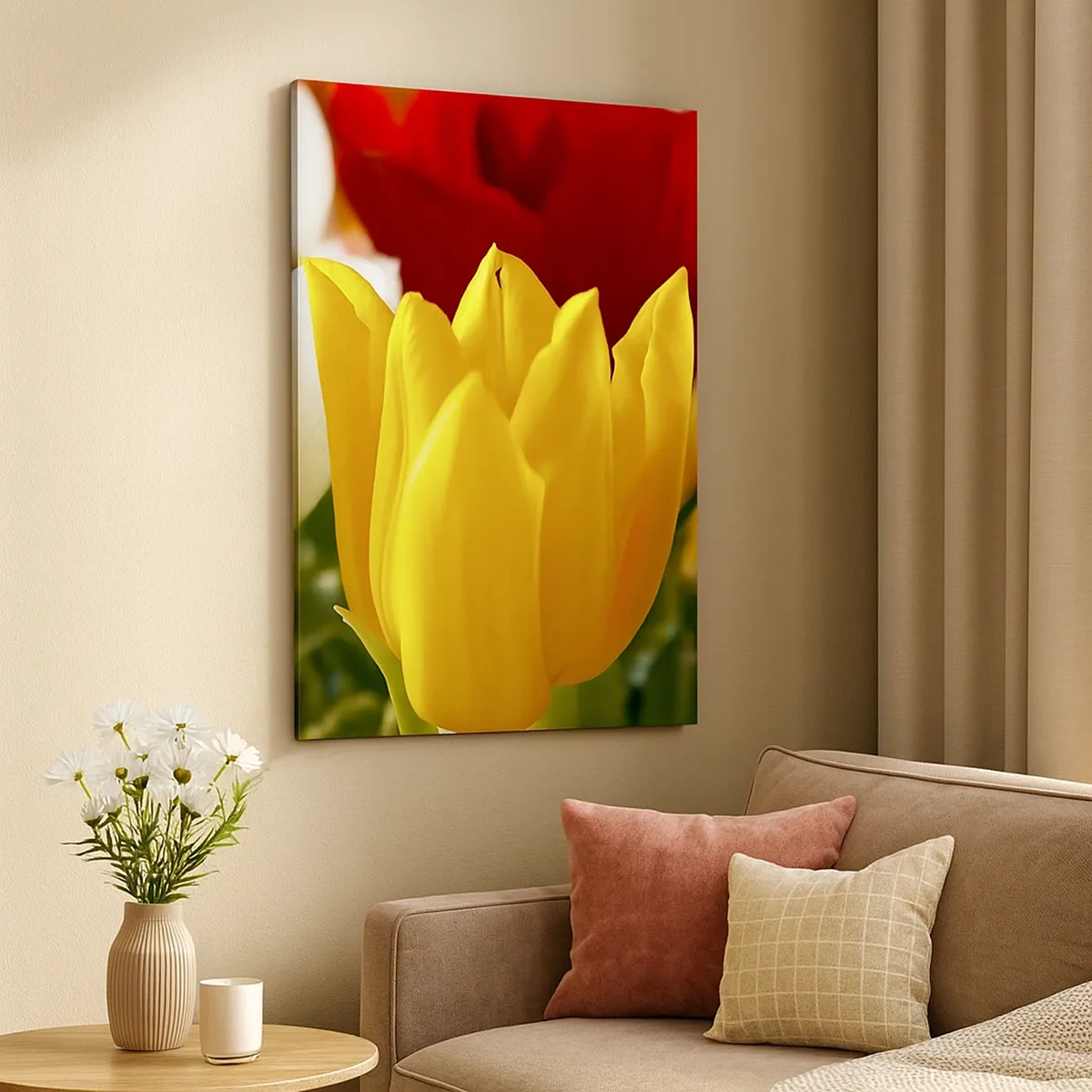 Bild auf Leinwand - Leinwandbild - Nahaufnahme von bunten Tulpen vor einem Frühlingshintergrund - 50x70cm - Tulpenfieber - Moderne Wanddekoration für Wohnzimmer und Schlafzimmer ARTTOR