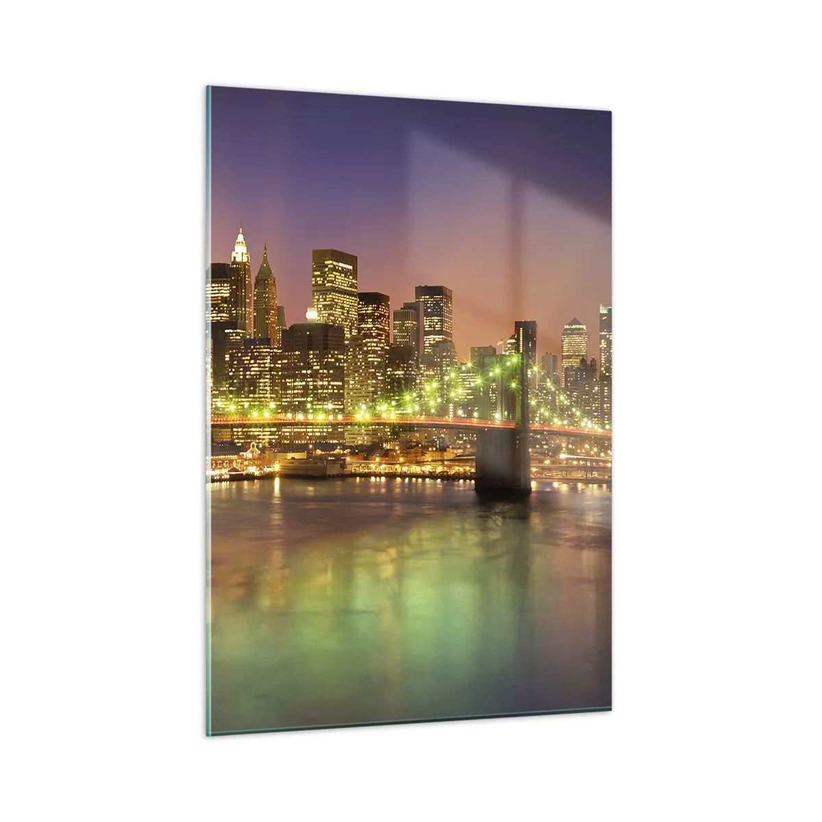 Glasbild - Bild auf glas - Beleuchtete Brücke über den Fluss mit Panoramablick auf die Stadt in der Abenddämmerung - 50x70cm - Hier geht das Licht nie aus - Moderne Wanddekoration für Wohnzimmer und Schlafzimmer ARTTOR