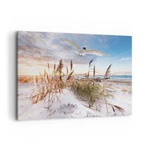 Bild auf Leinwand - Leinwandbild - Strand mit fliegenden Möwen bei Sonnenuntergang - 100x70cm - Wind vom Meer - Moderne Wanddekoration für Wohnzimmer und Schlafzimmer ARTTOR