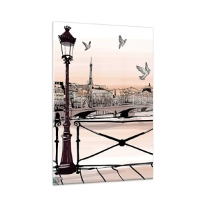 Glasbild - Bild auf glas - Pariser Ansicht mit einer Laterne und einer Brücke - 80x120cm - Über den Dächern von Paris - Moderne Wanddekoration für Wohnzimmer und Schlafzimmer ARTTOR