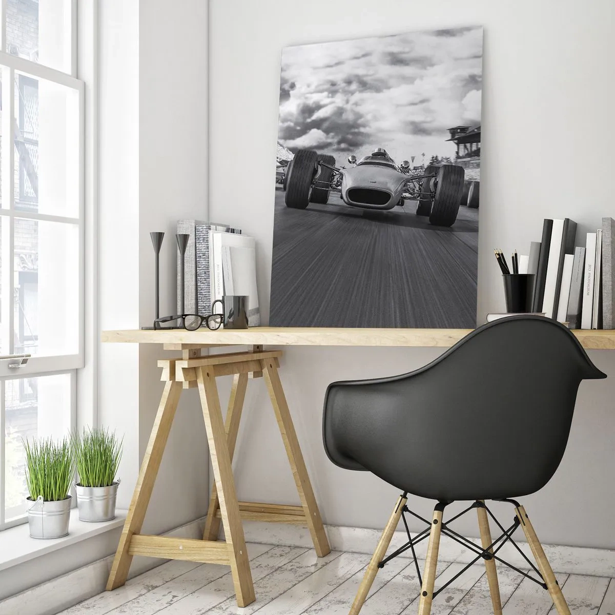 Glasbild - Bild auf glas - Oldtimer-Rennen auf einer Rennstrecke in Schwarz und Weiß - 50x70cm - Power ist da! - Moderne Wanddekoration für Wohnzimmer und Schlafzimmer ARTTOR