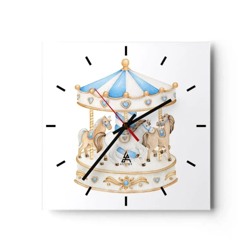 Wanduhr - Glasuhr - Ein Karussell in Pastellfarben auf weißem Hintergrund - 30x30cm - Süße Kindheit - Moderne Wanddekoration für Wohnzimmer und Schlafzimmer ARTTOR