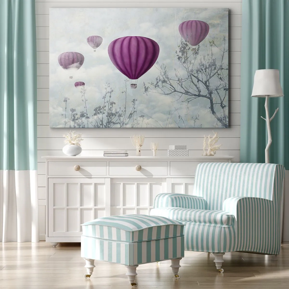 Bild auf Leinwand - Leinwandbild - Lila Ballons schweben über den Bäumen in den Wolken - 100x70cm - Wie Schiffe am Himmel - Moderne Wanddekoration für Wohnzimmer und Schlafzimmer ARTTOR