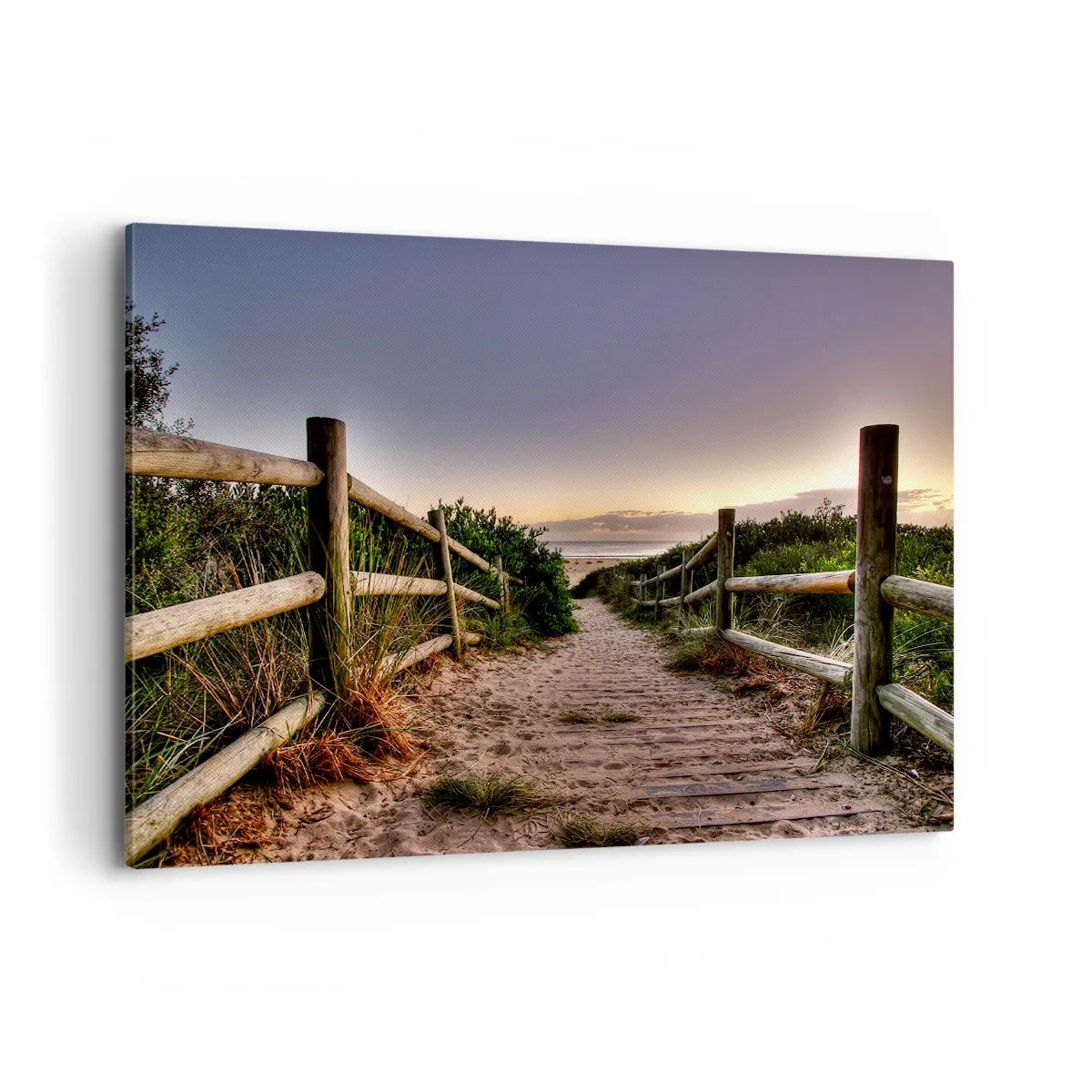Bild auf Leinwand - Leinwandbild - Holzweg in den Dünen, der bei Sonnenuntergang zum Strand führt - 120x80cm - Das Ziel ist bereits sichtbar - Moderne Wanddekoration für Wohnzimmer und Schlafzimmer ARTTOR