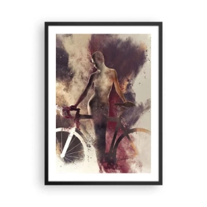 Poster in einem schwarzem Rahmen - Silhouette einer Frau mit einem Fahrrad vor einem künstlerischen, rauchigen Hintergrund - 50x70cm - Eine Fahrradseele in Marmorformen - Moderne Wanddekoration für Wohnzimmer und Schlafzimmer ARTTOR
