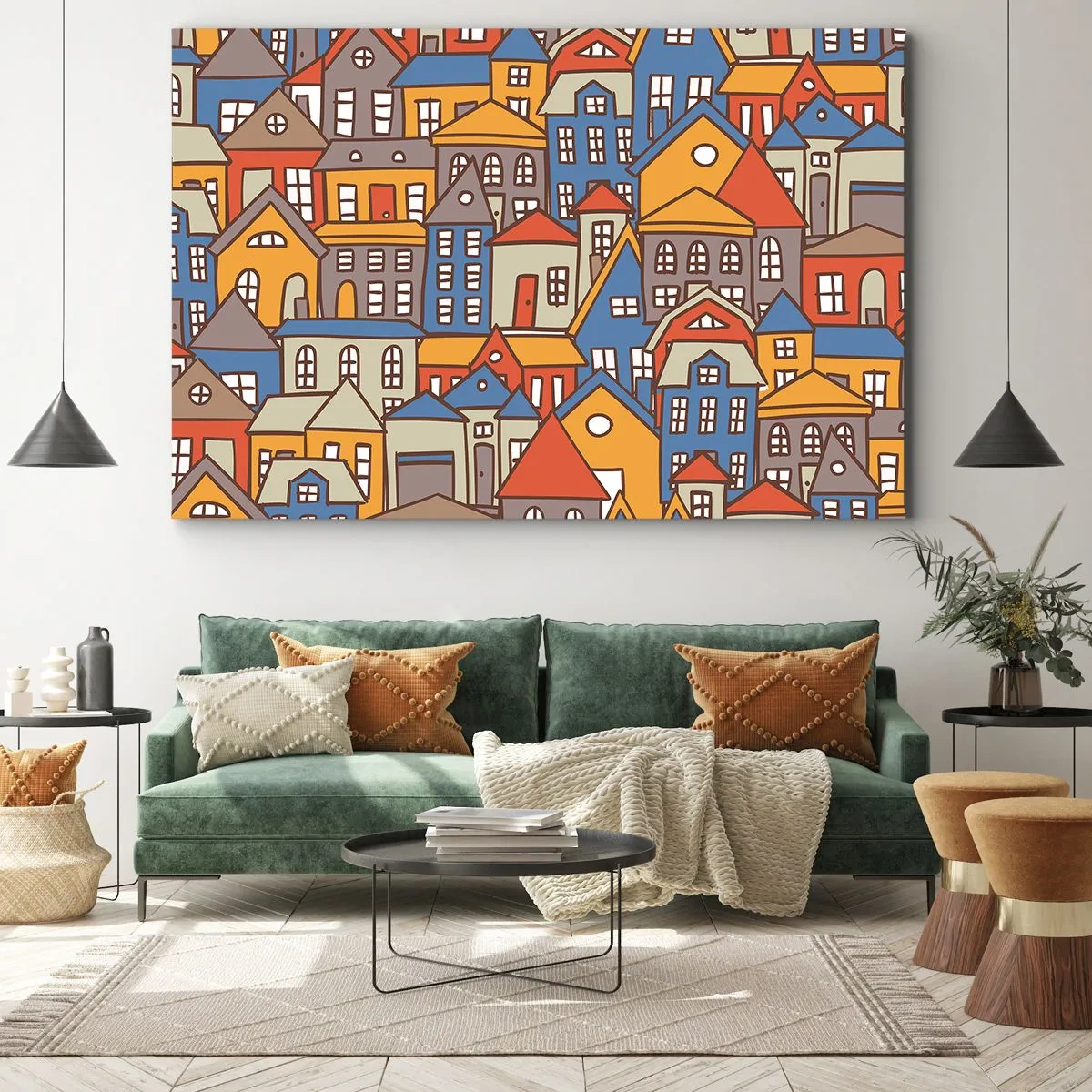 Bild auf Leinwand - Leinwandbild - Bunte Häuser im grafischen Stil auf hellem Hintergrund - 120x80cm - Hinter dem Haus ist das Haus - Moderne Wanddekoration für Wohnzimmer und Schlafzimmer ARTTOR