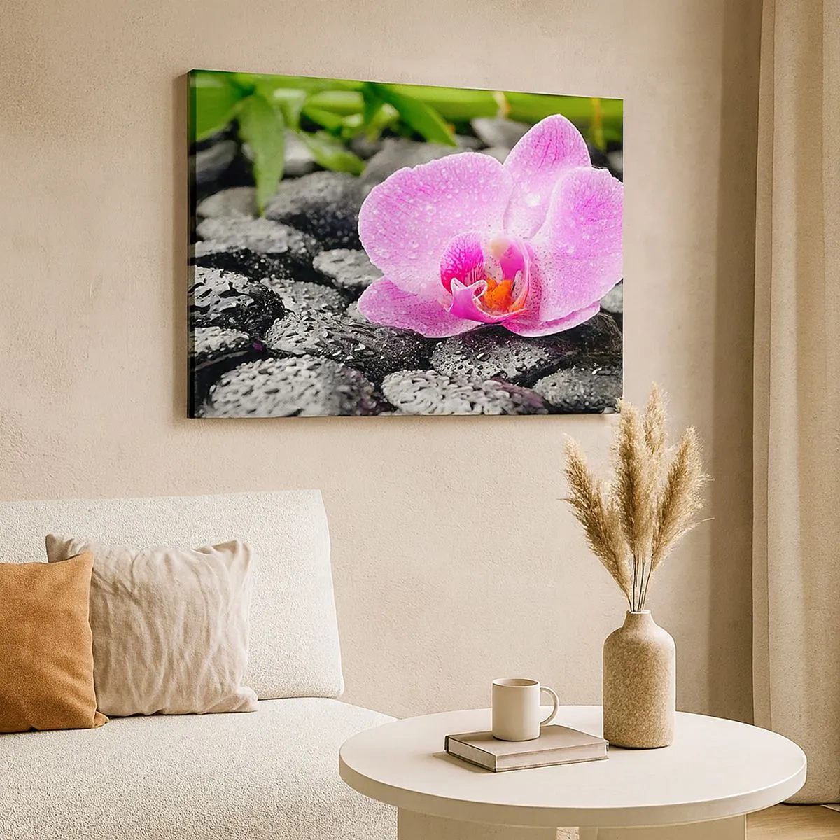 Bild auf Leinwand - Leinwandbild - Rosa Orchidee auf nassen schwarzen Steinen mit grünen Blättern - 70x50cm - Wie ein offenes Herz - Moderne Wanddekoration für Wohnzimmer und Schlafzimmer ARTTOR