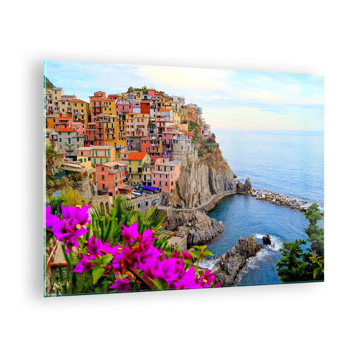 Glasbild - Bild auf glas - Bunte Häuser auf einer Klippe mit Blick auf das Meer - 70x50cm - Lachende Stadt - Moderne Wanddekoration für Wohnzimmer und Schlafzimmer ARTTOR