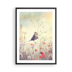 Poster in einem schwarzem Rahmen - Ein Vogel auf einer Wiese in zarten Pastellfarben - 50x70cm - Vogelporträt mit einer Wiese im Hintergrund - Moderne Wanddekoration für Wohnzimmer und Schlafzimmer ARTTOR