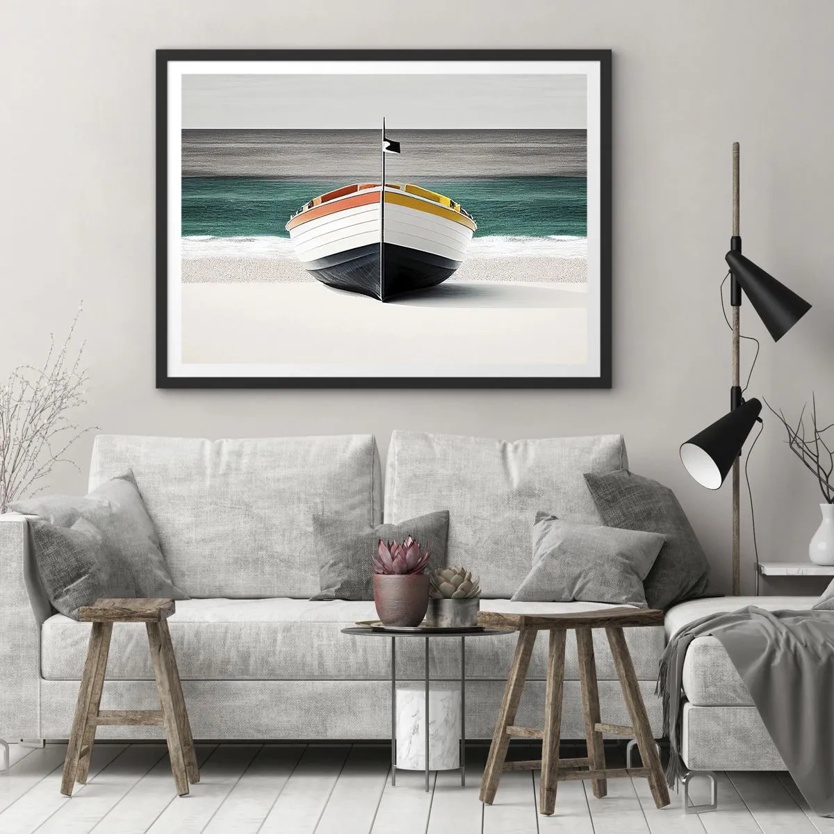 Poster in einem schwarzem Rahmen - Ein Boot am Strand mit türkisfarbenem Meer im Hintergrund - 70x50cm - An seinem Platz - Moderne Wanddekoration für Wohnzimmer und Schlafzimmer ARTTOR