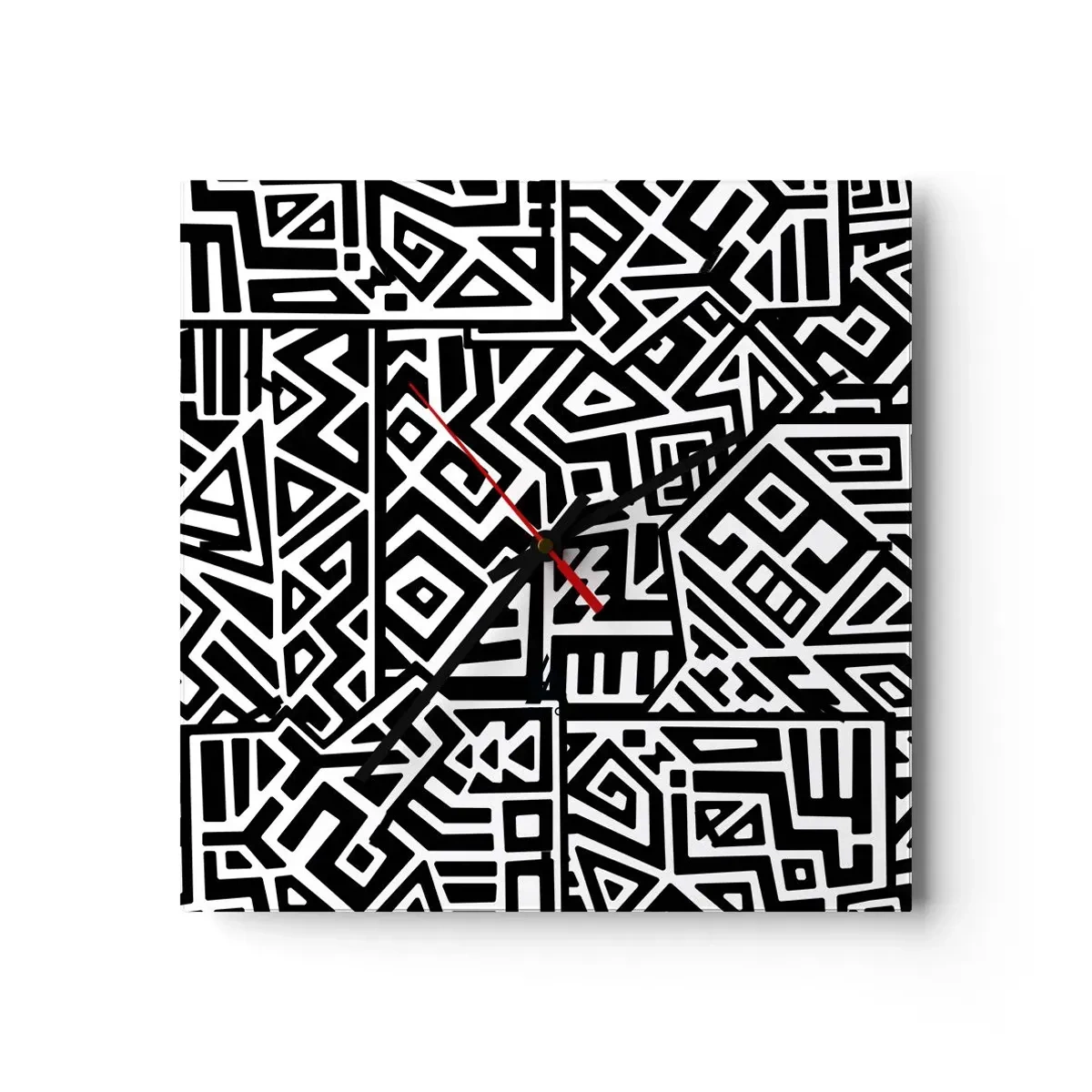 Wanduhr - Glasuhr - Schwarz-weiße geometrische Muster, inspiriert von der präkolumbianischen Kultur - 30x30cm - Präkolumbianische Komposition - Moderne Wanddekoration für Wohnzimmer und Schlafzimmer ARTTOR
