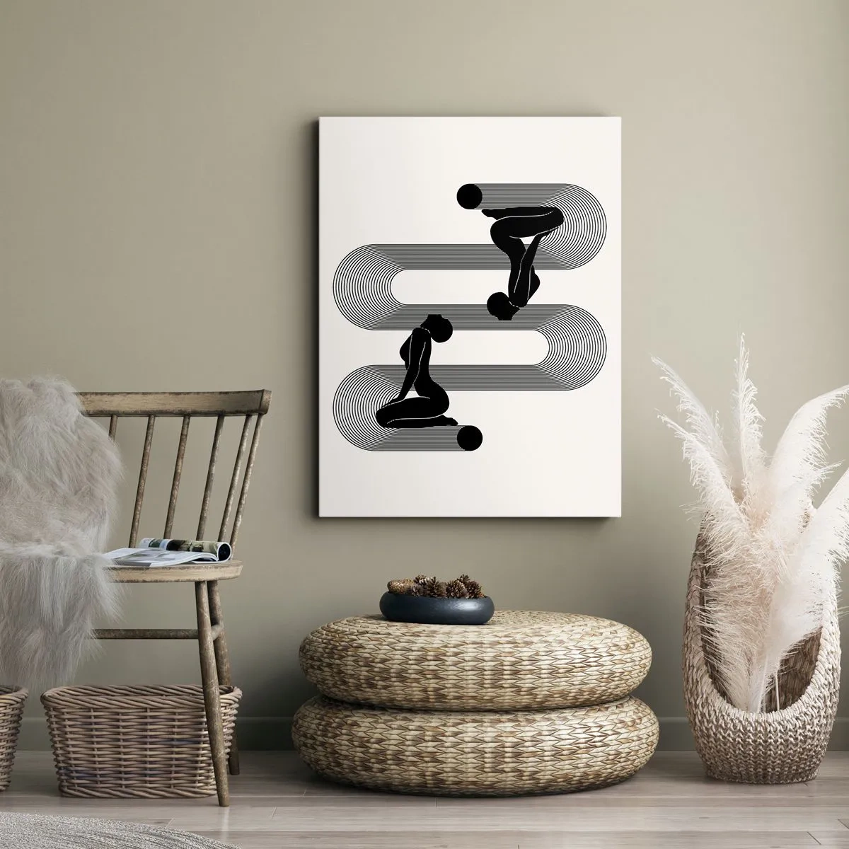 Bild auf Leinwand - Leinwandbild - Schwarze Silhouetten mit geometrischen Linien auf hellem Hintergrund - 70x100cm - Sinnliche Symmetrie - Moderne Wanddekoration für Wohnzimmer und Schlafzimmer ARTTOR