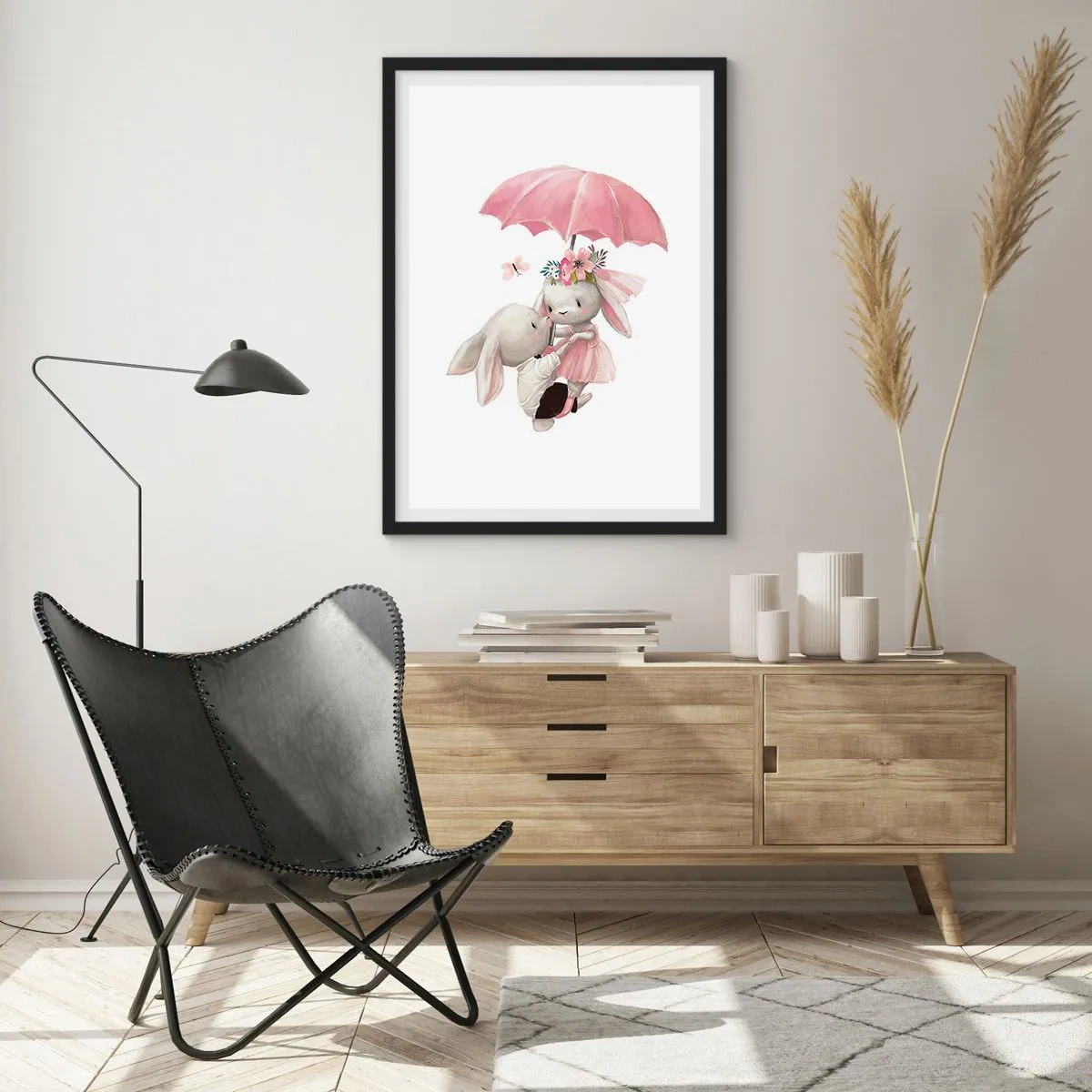 Poster in einem schwarzem Rahmen - Süße Häschen unter einem rosa Regenschirm - 50x70cm - Das ist eben Liebe - Moderne Wanddekoration für Wohnzimmer und Schlafzimmer ARTTOR