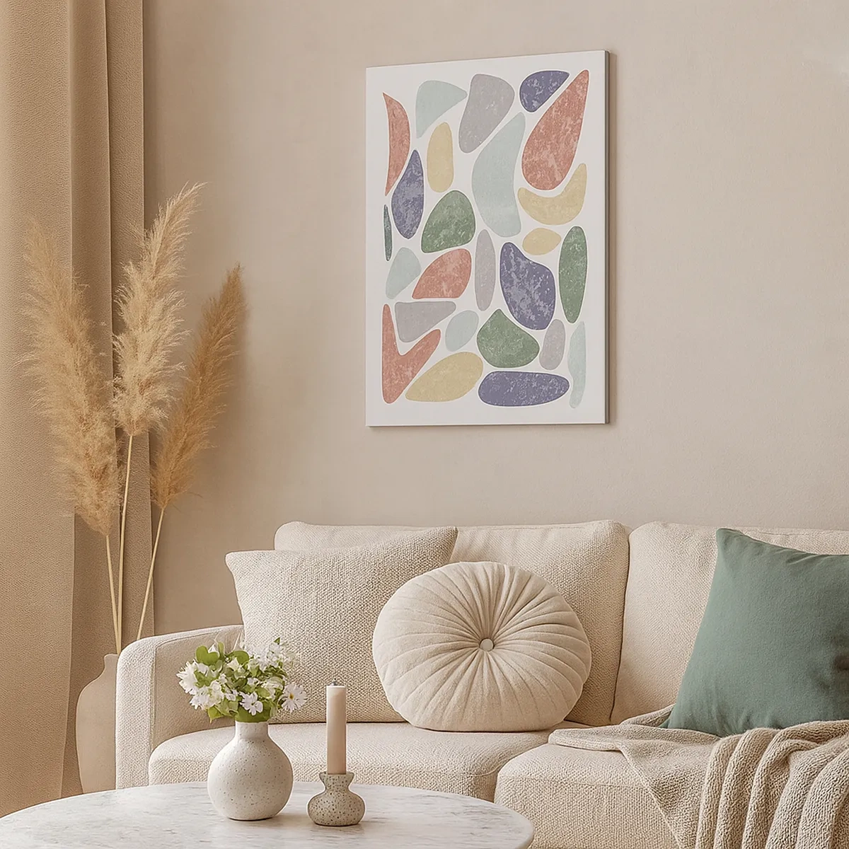 Bild auf Leinwand - Leinwandbild - Bunte organische Formen auf weißem Hintergrund - 50x70cm - Mosaik aus pulverförmigen Farben - Moderne Wanddekoration für Wohnzimmer und Schlafzimmer ARTTOR