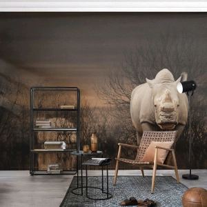 Selbstklebende Fototapete Deluxe Sticker - Weiß gegen die Natur - Nashorn, Tiere, Afrika - 300x210 cm