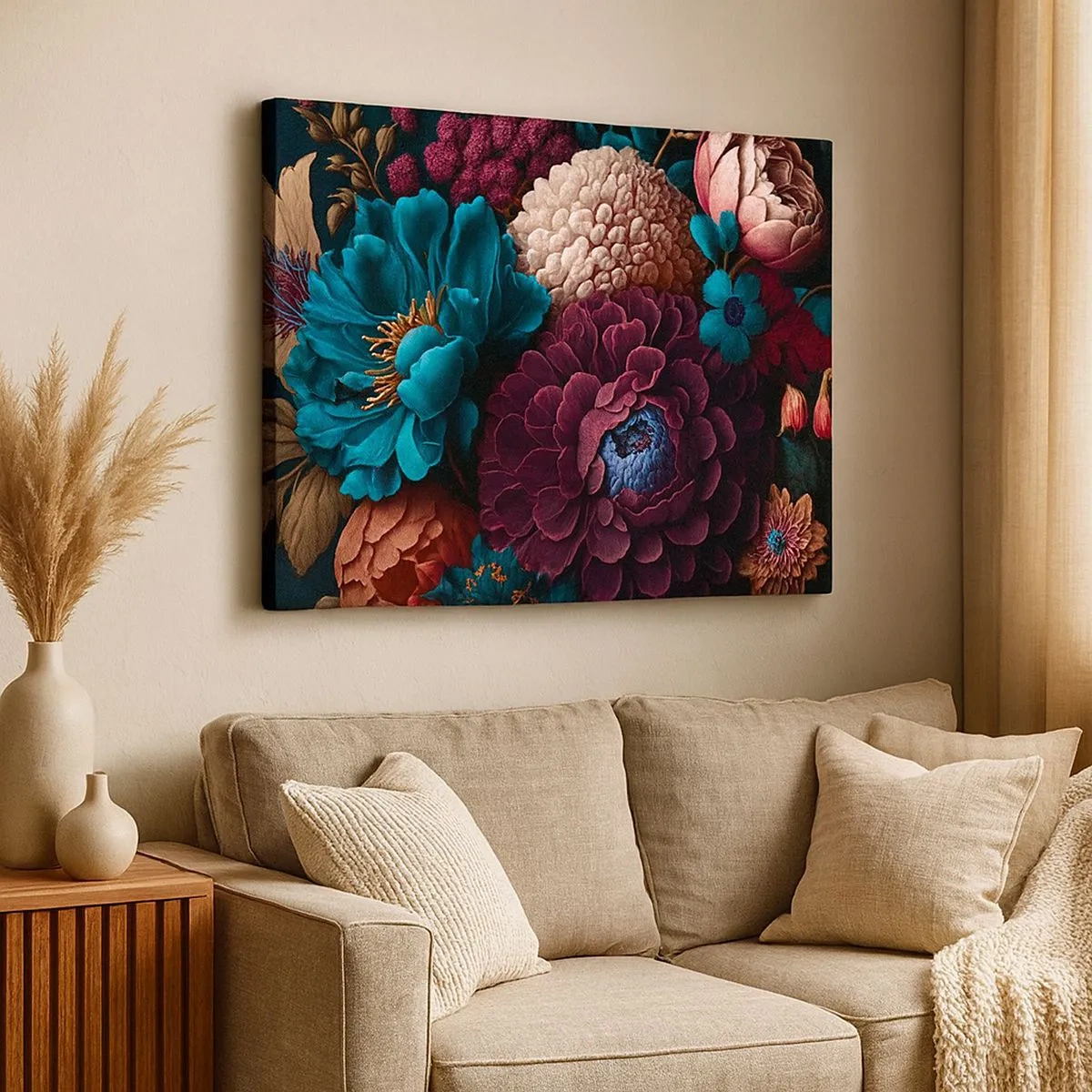 Bild auf Leinwand - Leinwandbild - Ein Blumenstrauß in intensiven Farben auf dunklem Hintergrund - 70x50cm - Natur in Hülle und Fülle - Moderne Wanddekoration für Wohnzimmer und Schlafzimmer ARTTOR