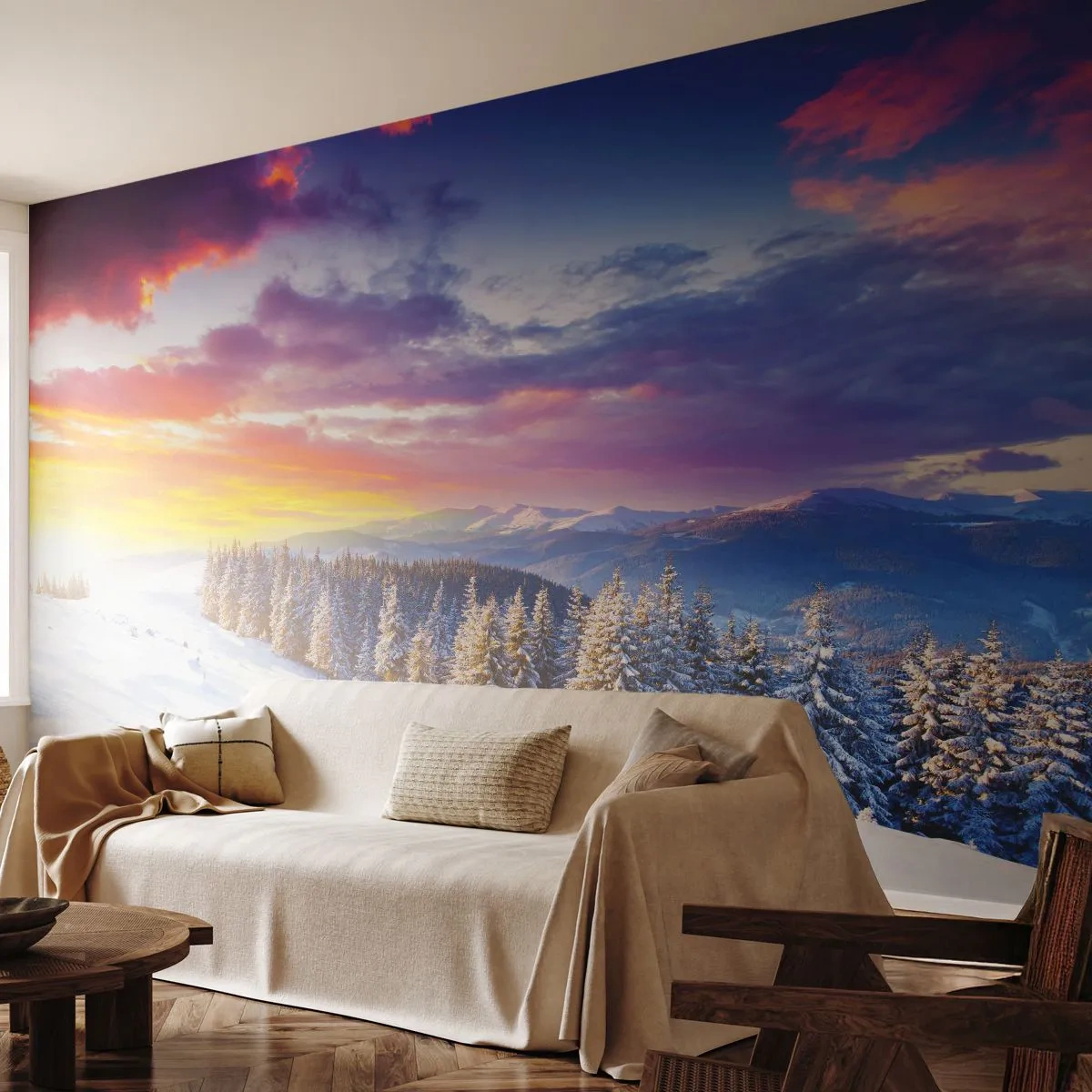 Fototapete Premium Canvas - Winterlandschaft mit Bergen und Wald bei Sonnenuntergang - 100x70cm - Am helllichten Tag - Moderne Wanddekoration für Wohnzimmer und Schlafzimmer ARTTOR
