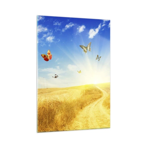 Glasbild - Bild auf glas - Schmetterlinge schweben bei Sonnenaufgang über einer unbefestigten Straße - 50x70cm - Und wie kann man den Sommer nicht lieben? - Moderne Wanddekoration für Wohnzimmer und Schlafzimmer ARTTOR