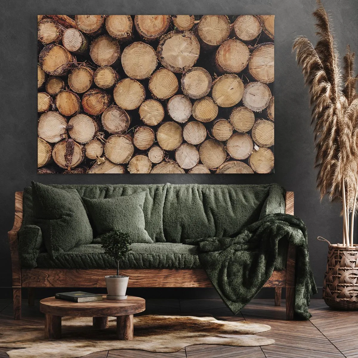 Bild auf Leinwand - Leinwandbild - Stapel gefällter Baumstämme in harmonischer Anordnung - 120x80cm - Ein neuer Anfang - Moderne Wanddekoration für Wohnzimmer und Schlafzimmer ARTTOR