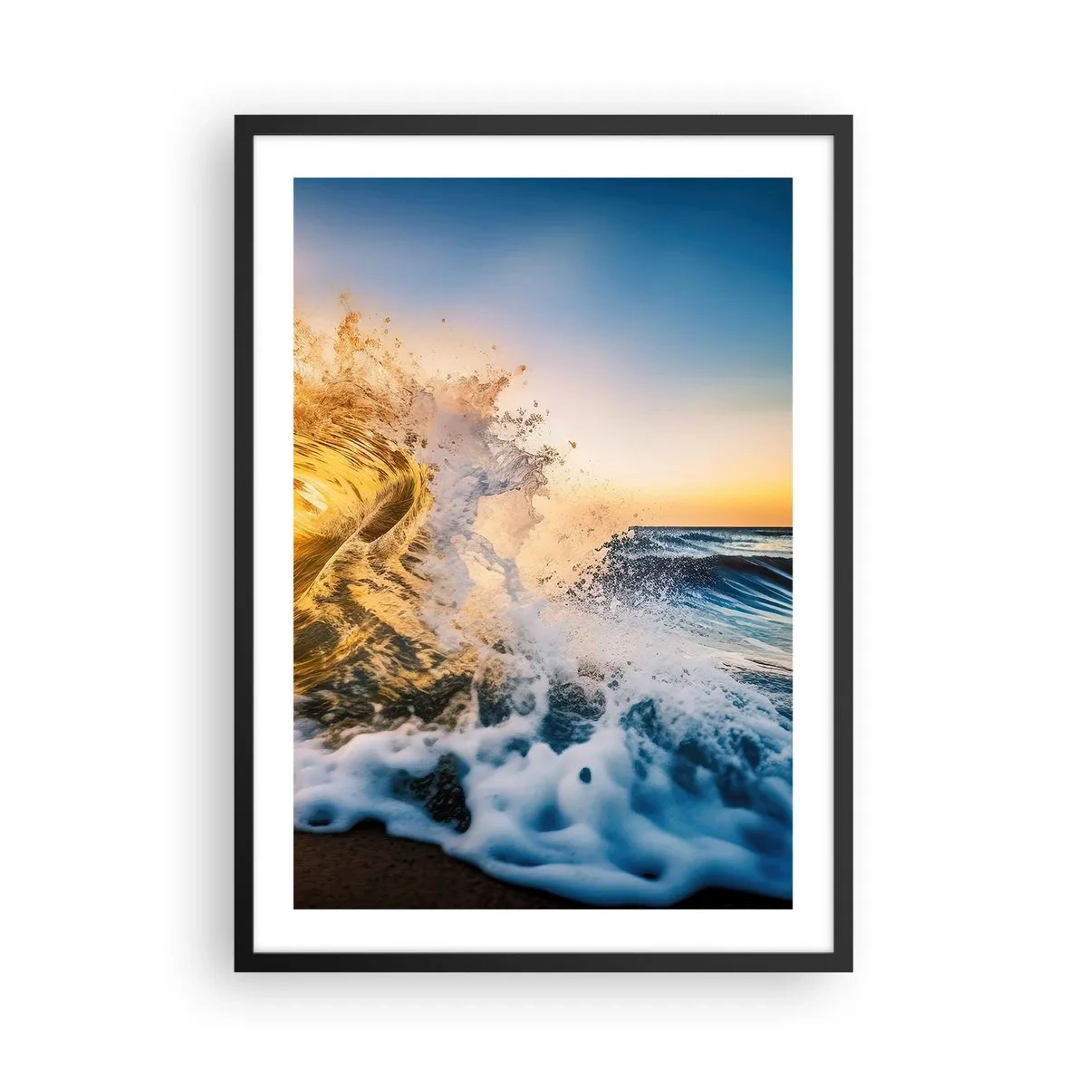 Poster in einem schwarzem Rahmen - Eine dynamische Meereswelle, die bei Sonnenuntergang an die Küste bricht - 50x70cm - Spaß im Sand - Moderne Wanddekoration für Wohnzimmer und Schlafzimmer ARTTOR