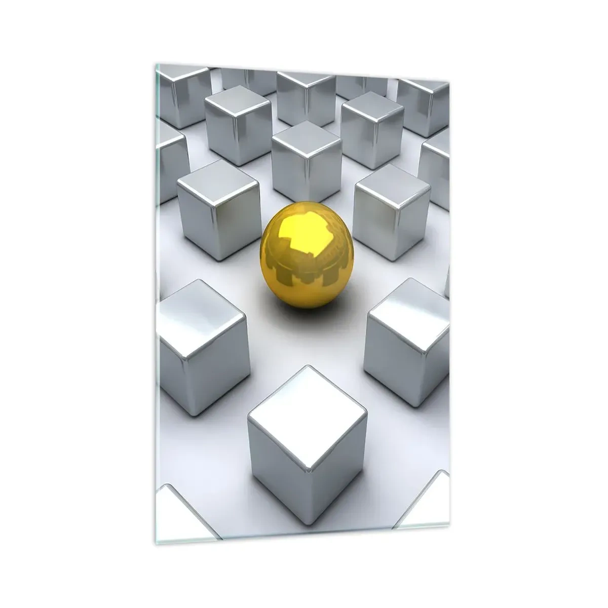 Glasbild - Bild auf glas - Eine goldene Kugel, die zwischen den silbernen Würfeln hervorsticht - 80x120cm - Warum ich? Geometrische Zusammensetzung - Moderne Wanddekoration für Wohnzimmer und Schlafzimmer ARTTOR
