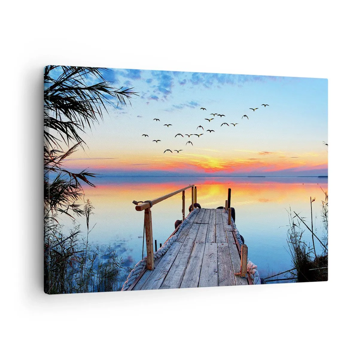 Bild auf Leinwand - Leinwandbild - Holzsteg über dem See bei Sonnenuntergang - 70x50cm - Es ist Zeit, zurückzukehren ... - Moderne Wanddekoration für Wohnzimmer und Schlafzimmer ARTTOR