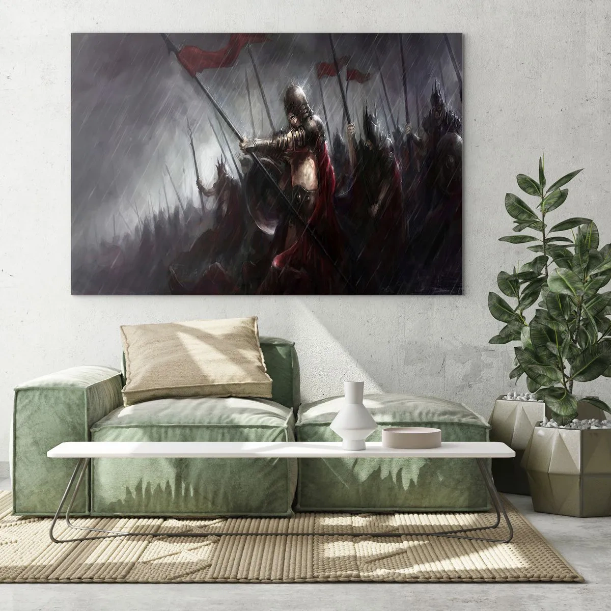 Glasbild - Bild auf glas - Ritter im Regen auf dem Schlachtfeld in voller Montur - 120x80cm - Passant, sag Sparta ... - Moderne Wanddekoration für Wohnzimmer und Schlafzimmer ARTTOR