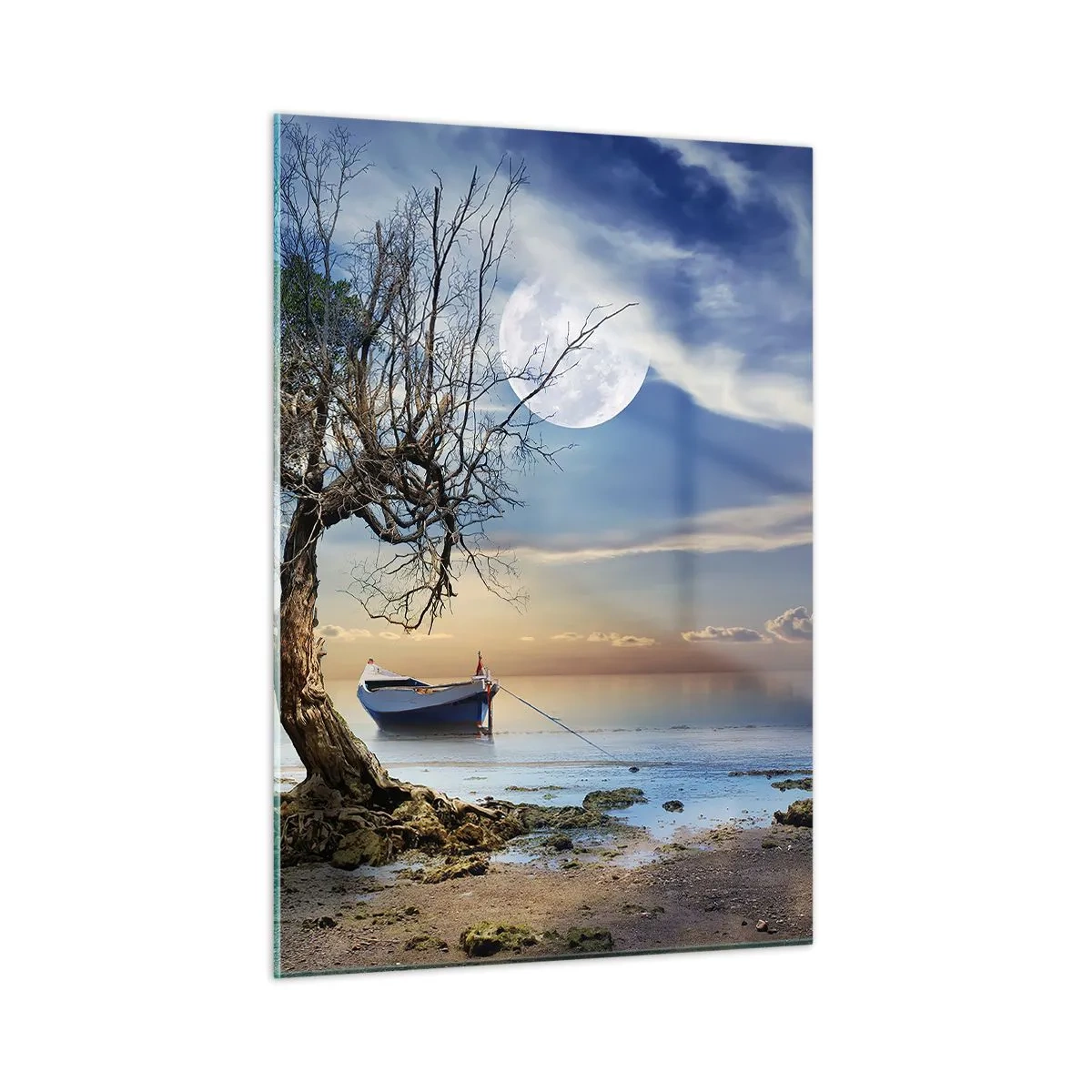 Glasbild - Bild auf glas - Ein einsames Boot neben einem Baum vor dem Hintergrund des Mondes - 50x70cm - Ist das das Ende oder der Anfang? - Moderne Wanddekoration für Wohnzimmer und Schlafzimmer ARTTOR