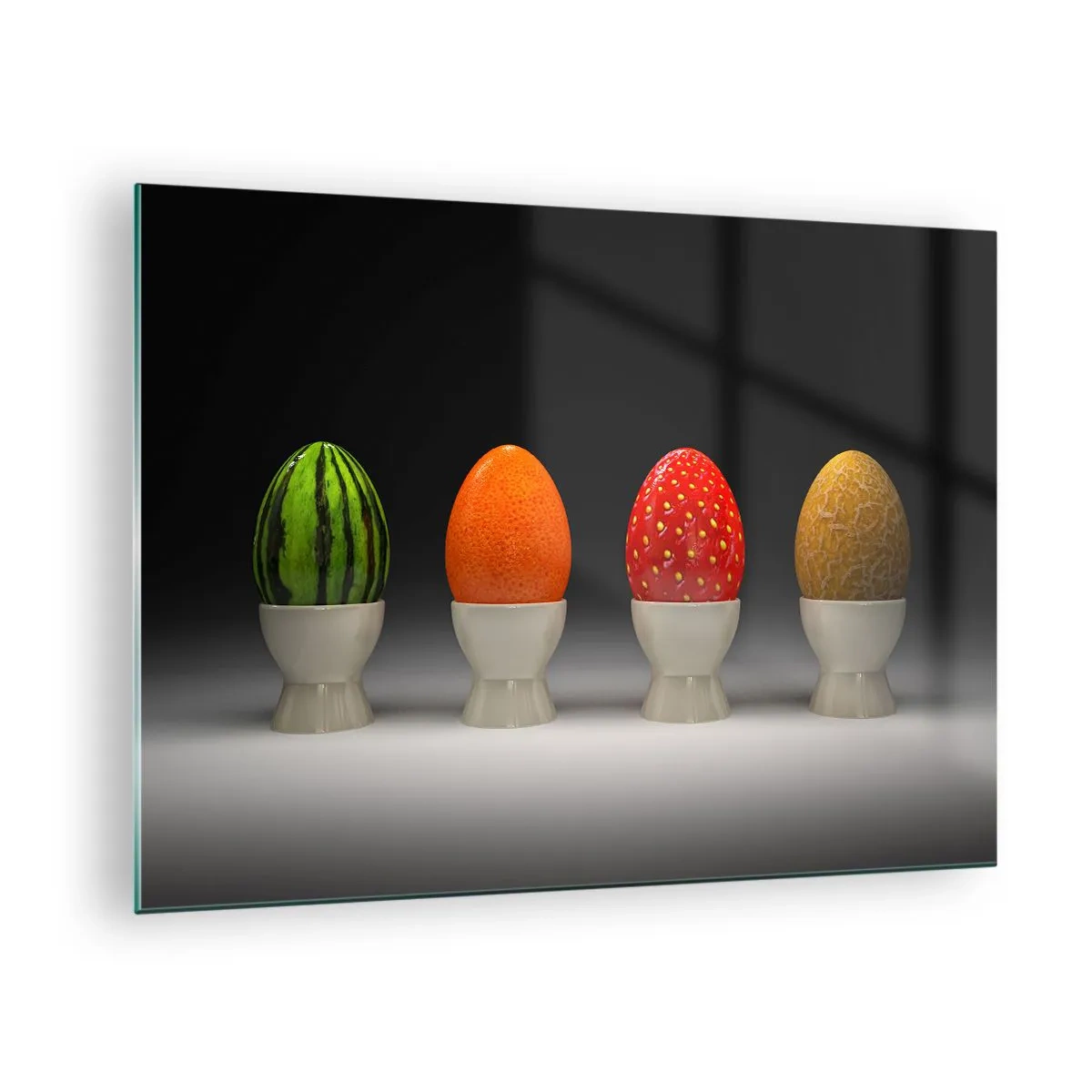 Glasbild - Bild auf glas - Eier in Fruchtschalen auf einem Ständer - 70x50cm - Obstfrühstück - Moderne Wanddekoration für Wohnzimmer und Schlafzimmer ARTTOR
