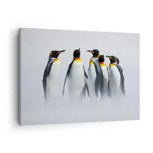 Bild auf Leinwand - Leinwandbild - Eine Gruppe Kaiserpinguine im Winternebel - 70x50cm - Treffen in Abendkleidern - Moderne Wanddekoration für Wohnzimmer und Schlafzimmer ARTTOR