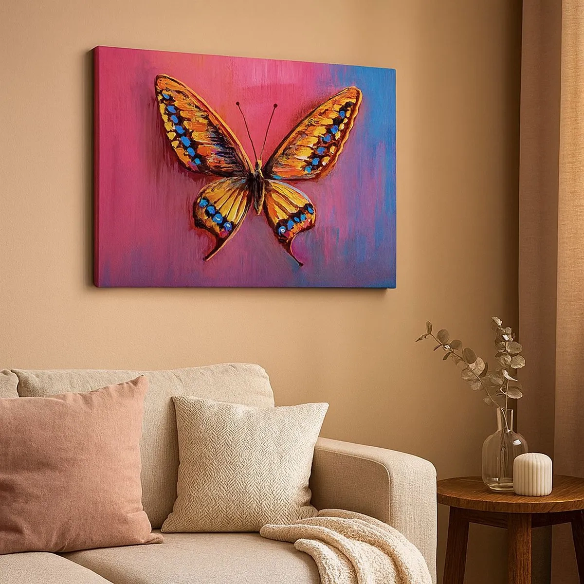 Bild auf Leinwand - Leinwandbild - Bunter Schmetterling auf abstraktem Hintergrund - 70x50cm - Ein Juwel der Natur - Moderne Wanddekoration für Wohnzimmer und Schlafzimmer ARTTOR