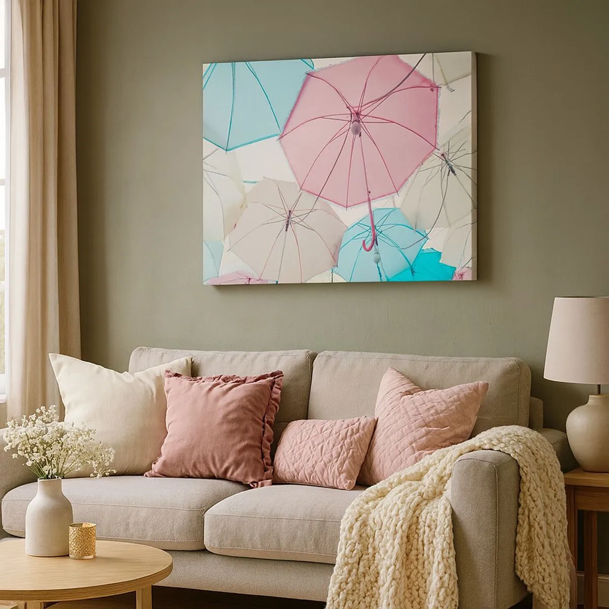 Bild auf Leinwand - Leinwandbild - Pastellfarbene Regenschirme vor einem hellen Himmel - 70x50cm - Mal Sonne, mal Regen - Moderne Wanddekoration für Wohnzimmer und Schlafzimmer ARTTOR