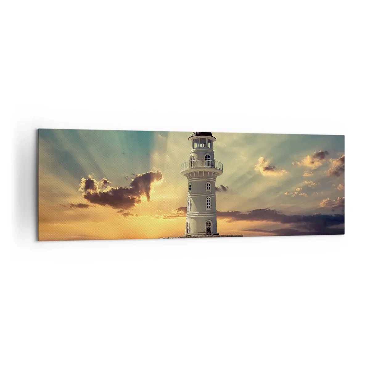 Bild auf Leinwand - Leinwandbild - Ein Leuchtturm bei Sonnenuntergang gegen den Himmel - 160x50cm - Licht - Gut - Schönheit - Moderne Wanddekoration für Wohnzimmer und Schlafzimmer ARTTOR