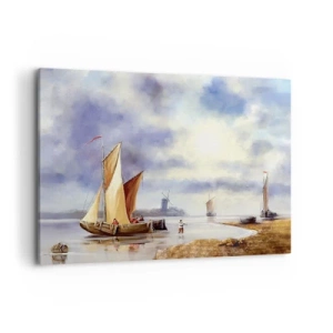 Bild auf Leinwand - Leinwandbild - Segelboote auf ruhigem Wasser mit Windmühlen im Hintergrund - 100x70cm - Die Rückkehr der Seeleute - Moderne Wanddekoration für Wohnzimmer und Schlafzimmer ARTTOR