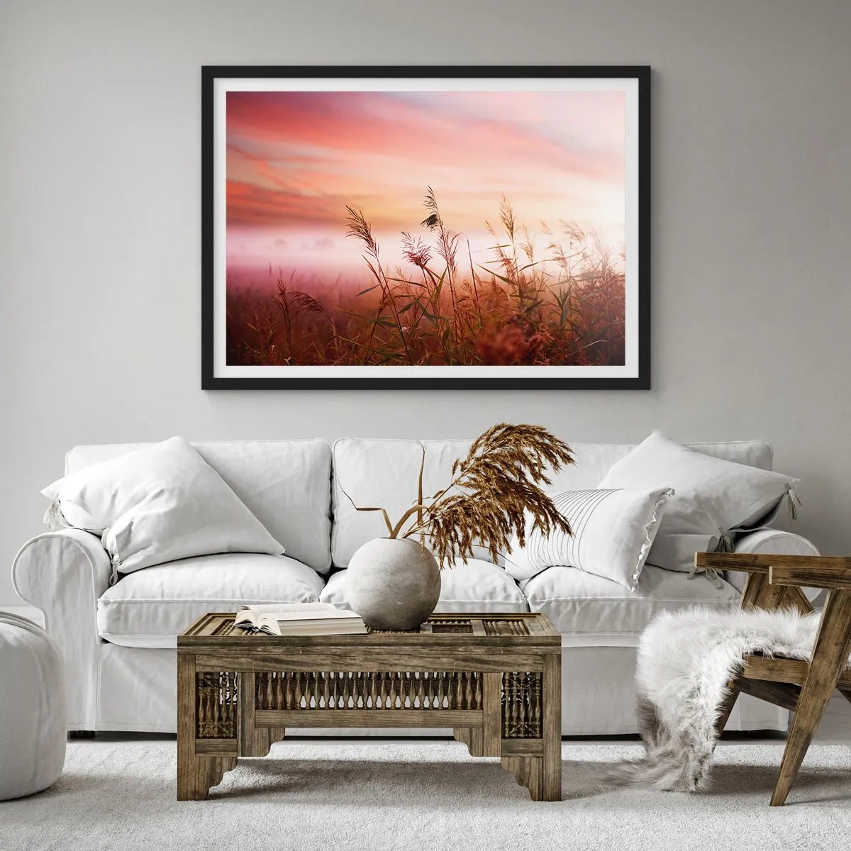 Poster in einem schwarzem Rahmen - Ein Grasfeld vor der Kulisse eines malerischen Sonnenuntergangs - 70x50cm - Drachen, Löwenzahn, Wind - Moderne Wanddekoration für Wohnzimmer und Schlafzimmer ARTTOR