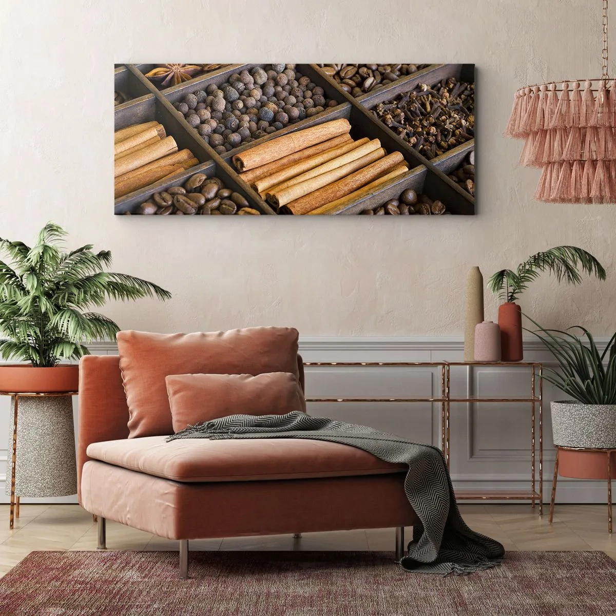 Bild auf Leinwand - Leinwandbild - Gewürze und Kaffee in Holzfächern - 140x50cm - Eine Fundgrube an Aromen - Moderne Wanddekoration für Wohnzimmer und Schlafzimmer ARTTOR