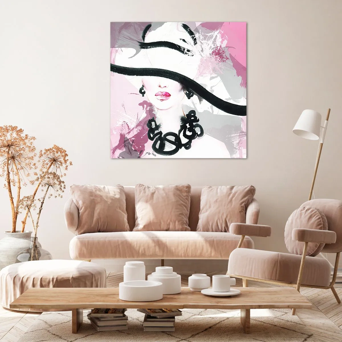 Bild auf Leinwand - Leinwandbild - Bildnis einer Dame in Schwarz und Pink - 60x60 cm